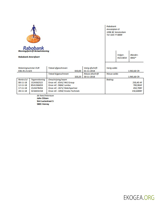 Modèle de relevé bancaire Rabobank des Pays Bas facile à remplir au format Word et PDF